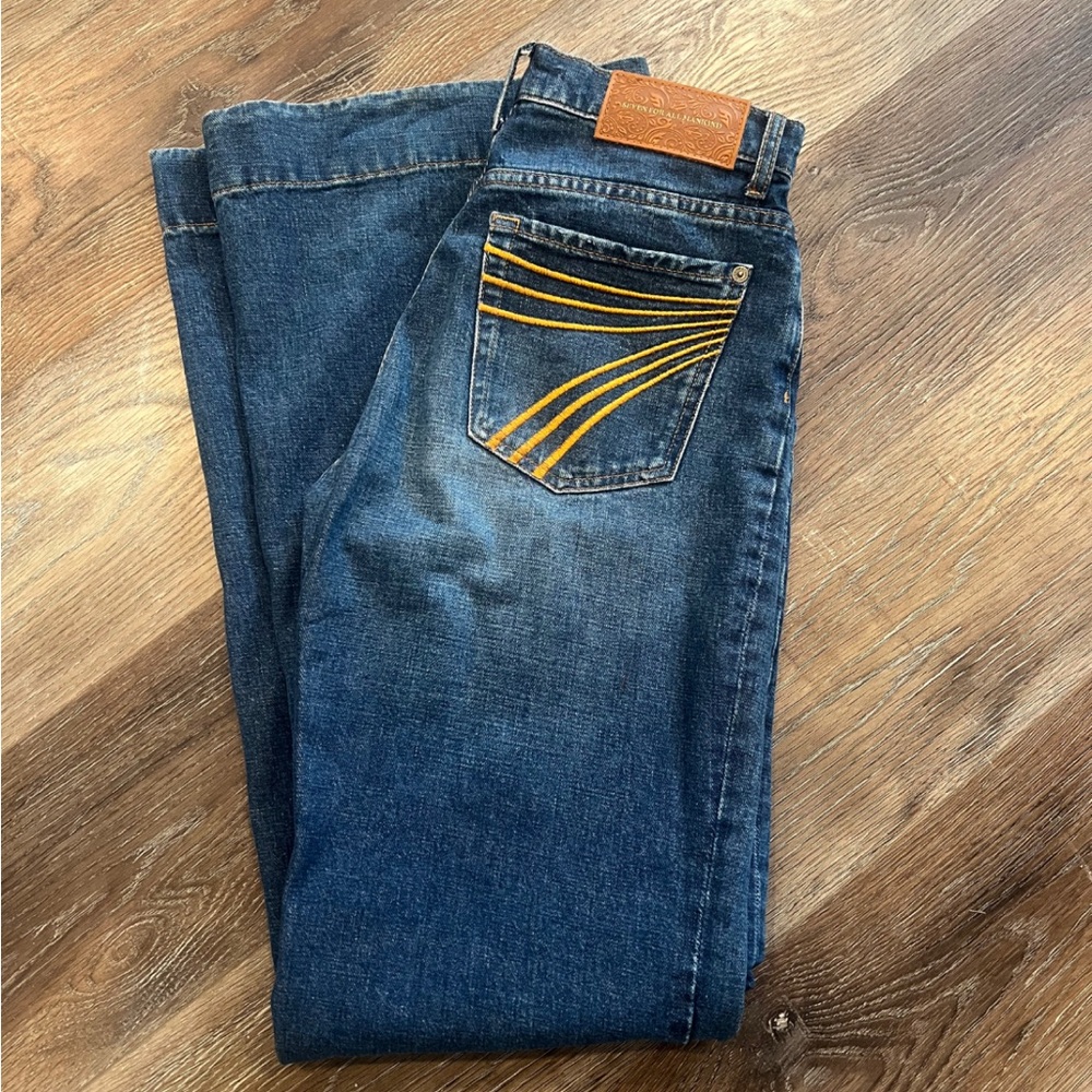 7 For All Mankind Blue Flare Jeans with Yellow Stitching